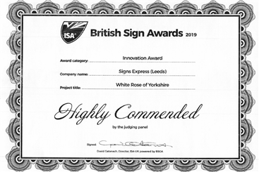 Signs Express (Leeds) Sign Awards Certificate